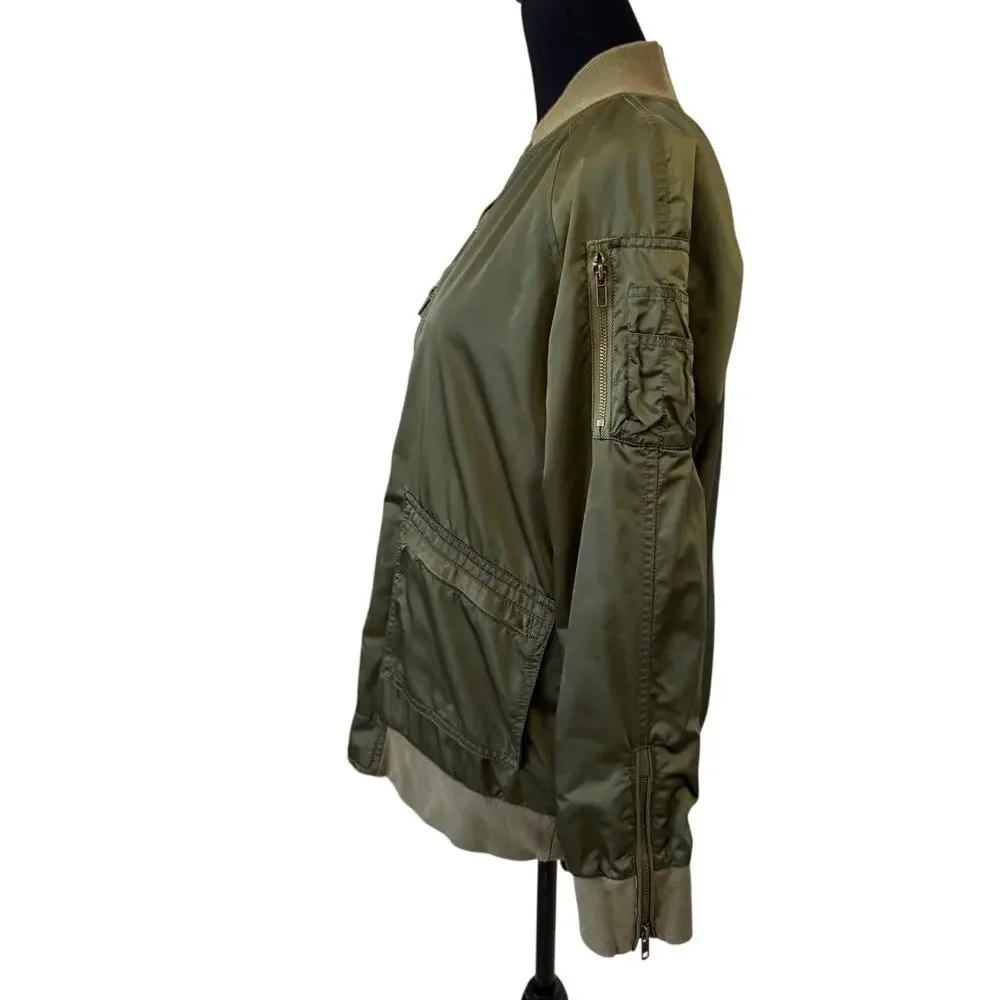 FREE PEOPLE Green Solid Satin Pockets Retro Midnight BOMBER Jacket Size Small